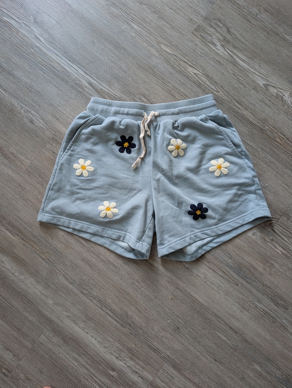 Women’s Light Blue Daisy Embroidered Athletic Shorts